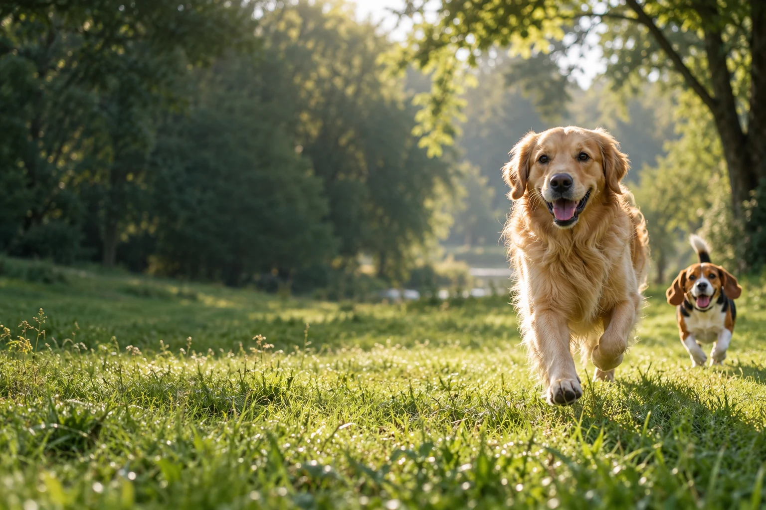 Ein Golden Retriever und ein Beagle laufen über eine sonnige Wiese